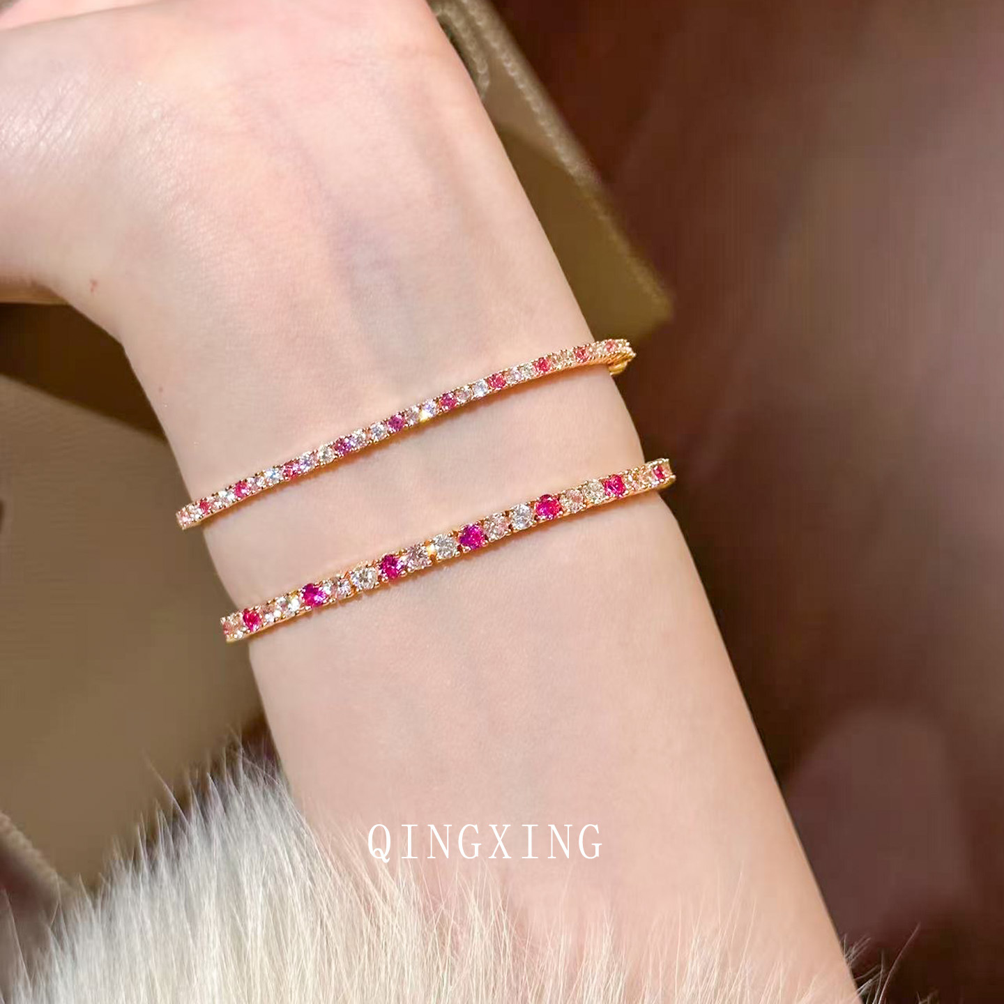 Summer Dopamine Simple Tennis Full Diamond Bracelet Single Row Stacking Red Corundum Zirconia Goddess Hand Jewelry