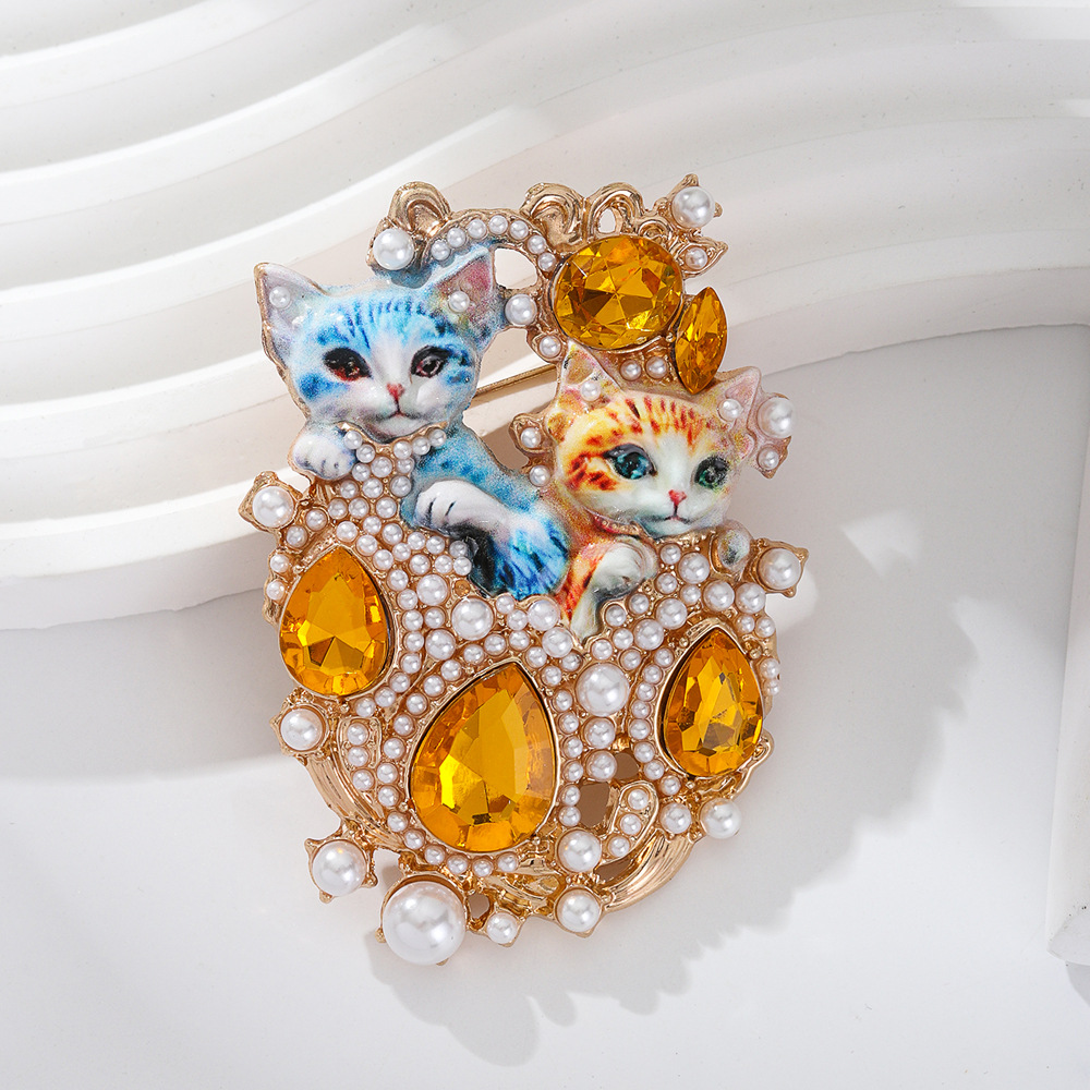 Rhinestone Double Cat Brooch Cute Animal Eco-Friendly Corsage Women's Pin Accessory