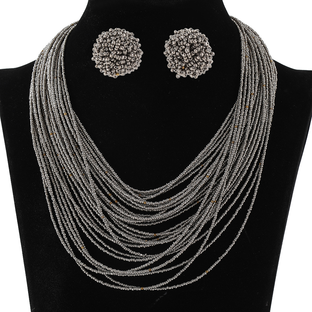 Bohemian Multi-Layer Bead Necklace Earring Set Ethnic Style Sweater Chain Women Multi-Layer Accessories