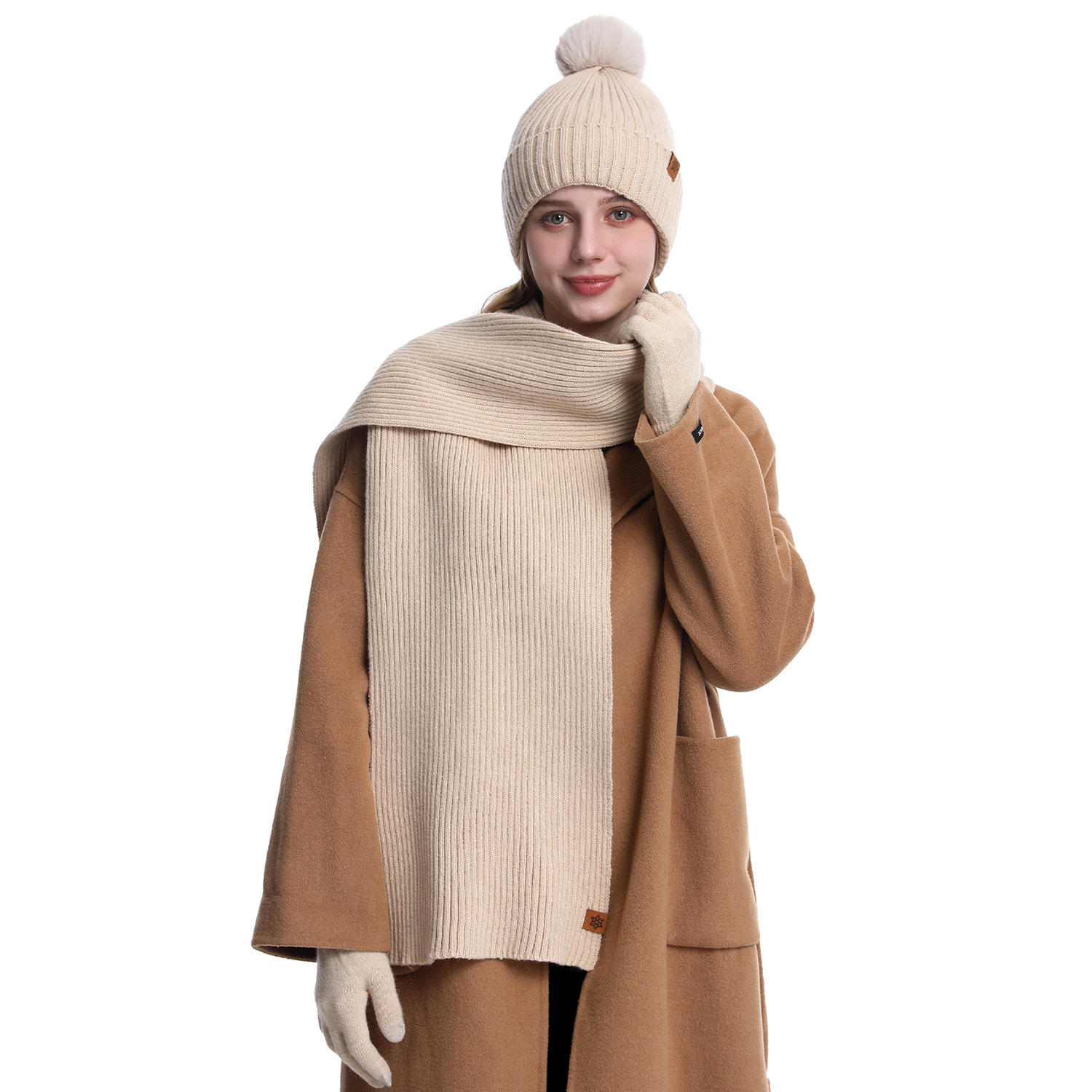 Autumn Winter Knitted Hat Scarf Gloves Headband Four-Piece Set Double-Layer Fleece-Lined Cold-Proof Warm Knit Hat