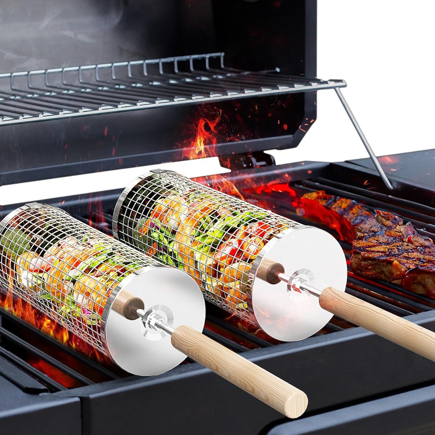 304 Stainless Steel BBQ Grill Portable Outdoor Wooden Handle Round Rolling BBQ Basket