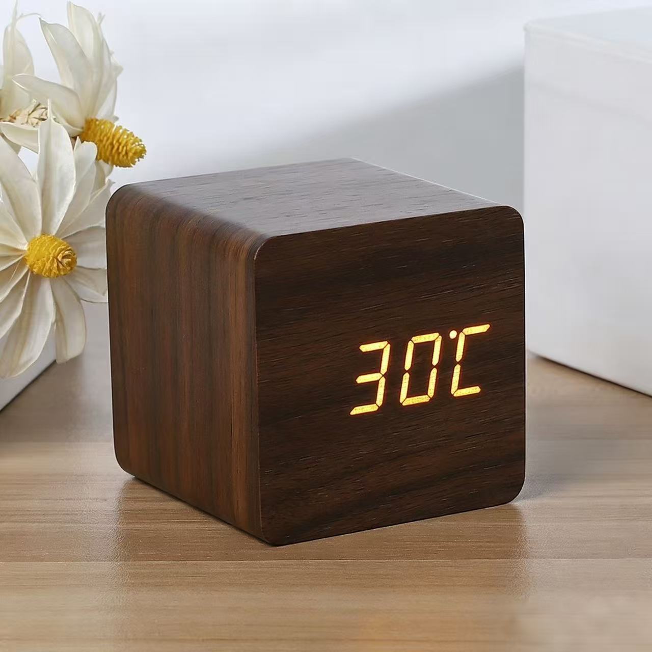 LED Wooden Clock Electronic Thermometer Voice Control LED Clock Digital Electronic Gift Clock Wooden Alarm Clock