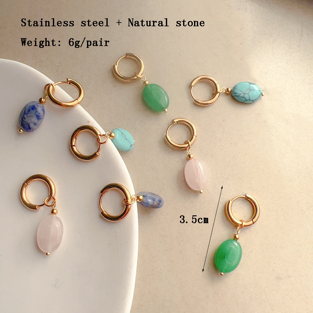 Oval-Shaped Earrings with Wind-Style Clasps, Titanium Steel and Natural Stone