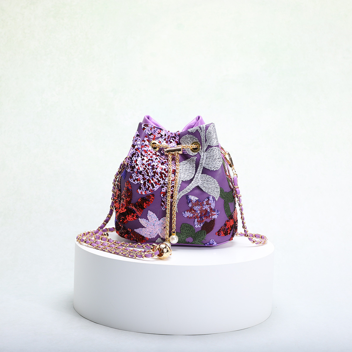 Women's Bag New Sequins Bucket Bag Contrast Color Mesh Embroidery Splicing Single Shoulder Chain Crossbody Bag