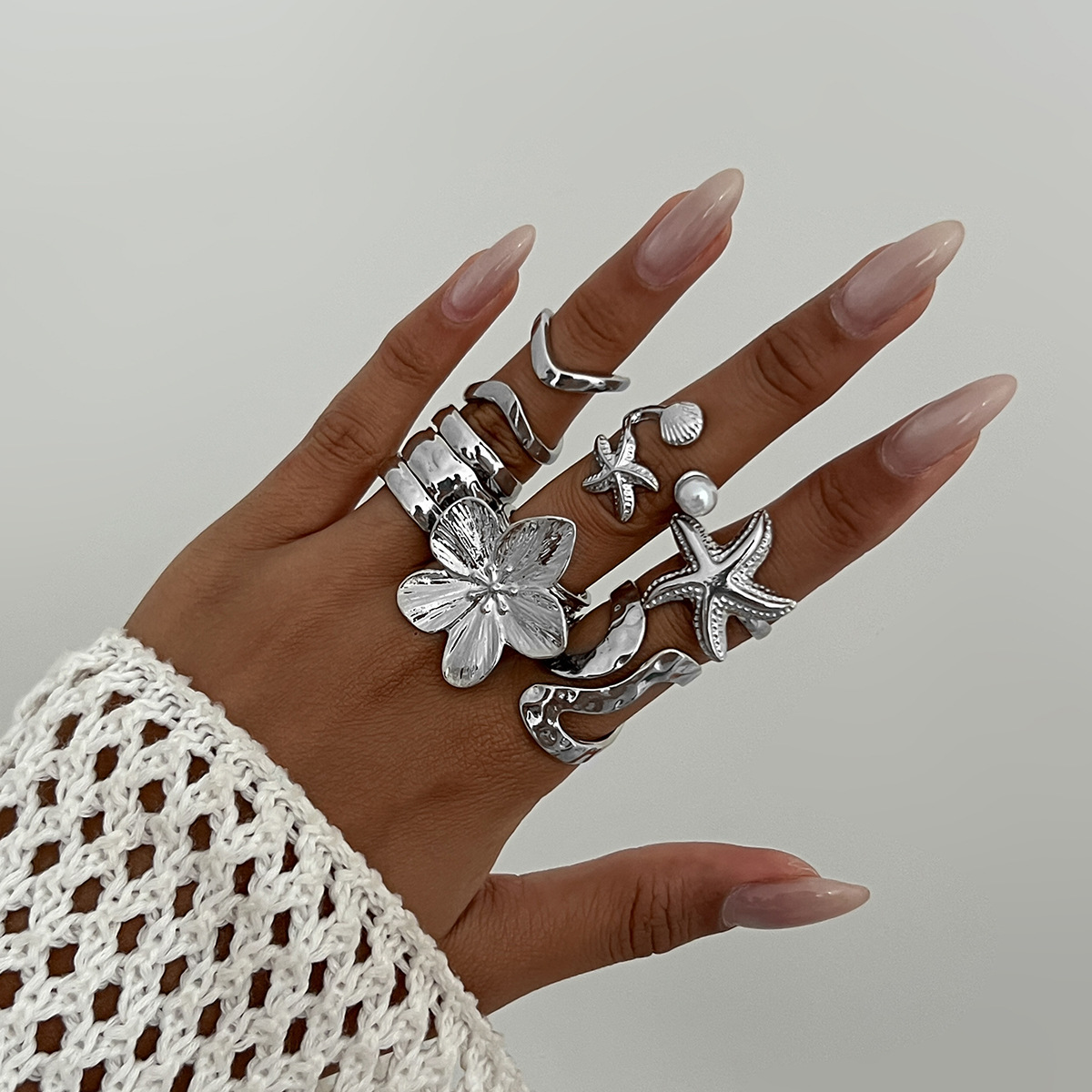 Ocean resort style conch shell ring set metal flower open ring for women