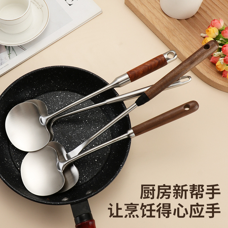 Stainless Steel Spatula Home Kitchen Mushroom Spatula Frying Pan Spatula Long Handle Anti-Scald High Temperature Resistant Cooking Spoon Kitchen Utensils
