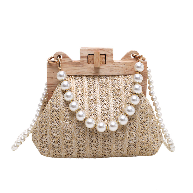 Summer beach seaside vacation pearl chain wooden clip hand-woven bag fresh shoulder handbag for women
