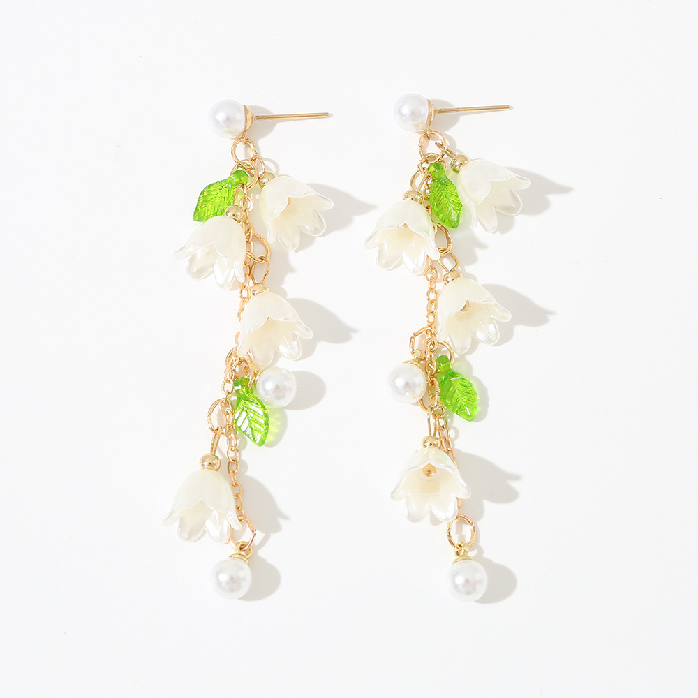 EZ4916 Long Tassel Lily of the Valley Earrings Pearl Flower Earrings Women's Accessories