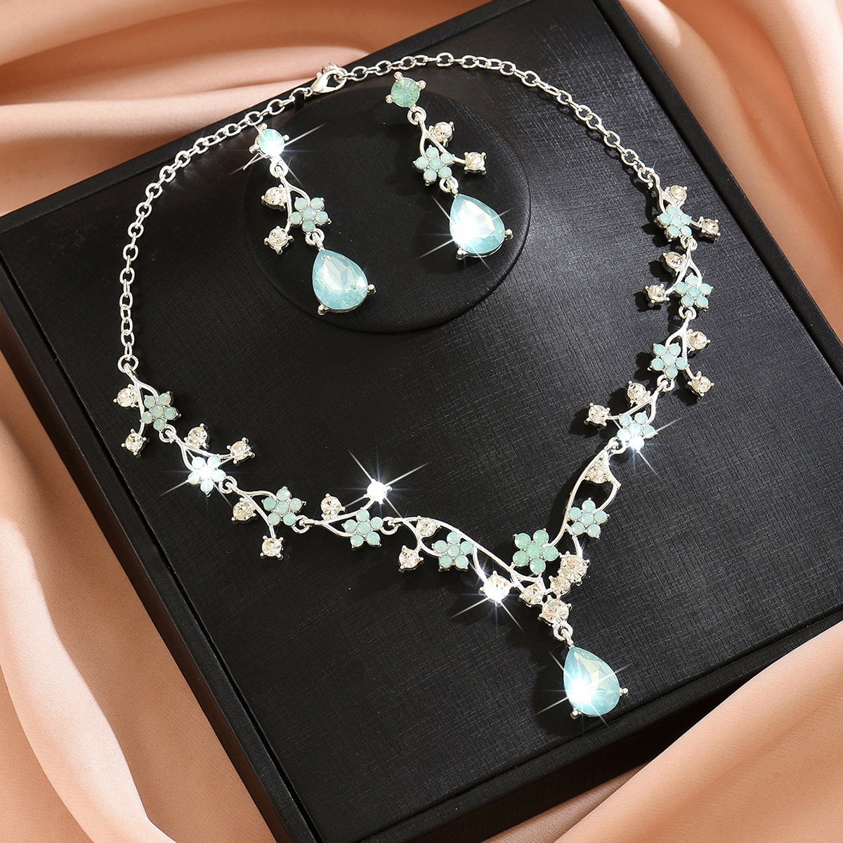 Jewelry Set Colorful Flower Teardrop Pendant Necklace Earrings Two-Piece Wedding Accessories