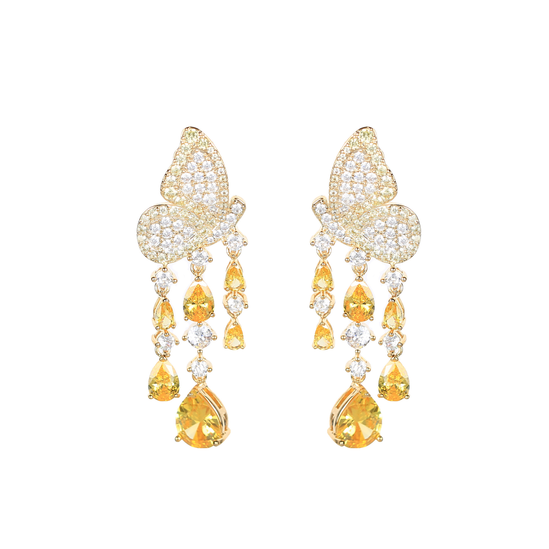 Korean micro-set zircon colored pink butterfly wing tassel drop goddess earring stud banquet annual meeting full diamond earring silver needle