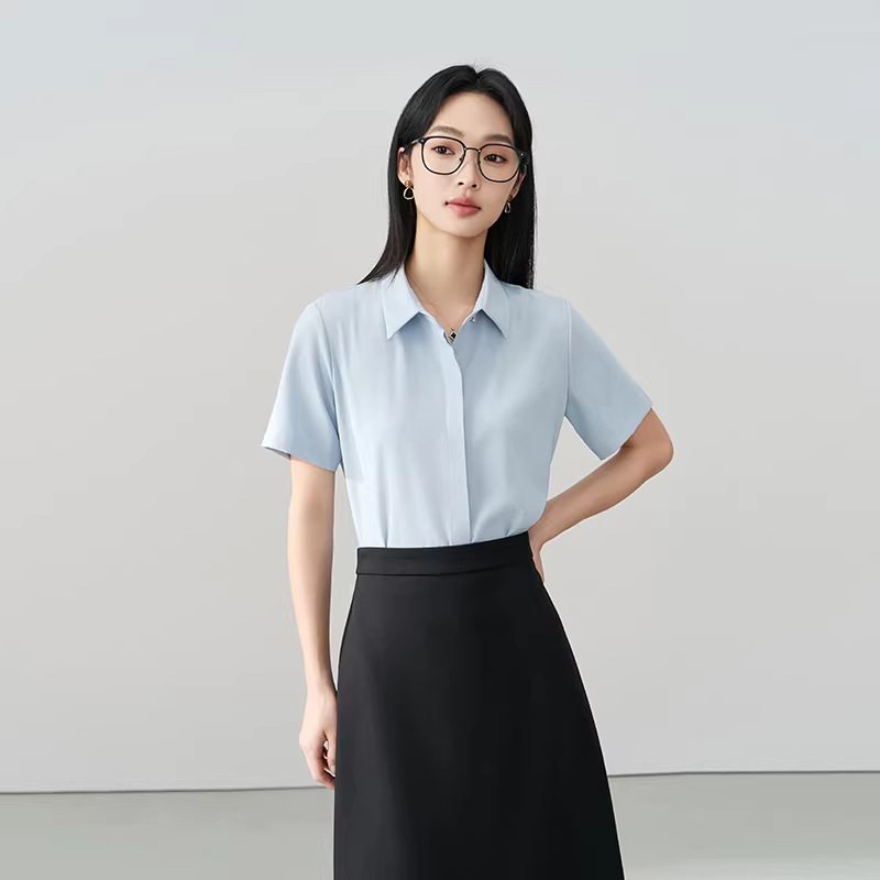Blue Professional Short-Sleeve Shirt Women Summer New Commute Wear Chiffon Top Interview Formal Wear Petite Blouse