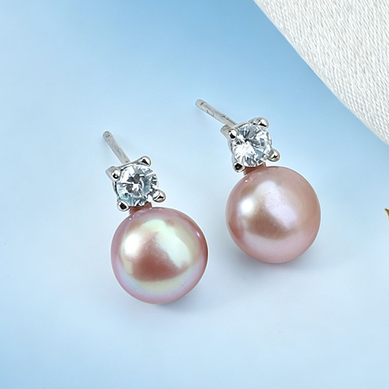 Natural Freshwater Pearl Earrings 8-9mm Large Point Small Light Bulb Dai Fei Princess S925 Silver Needle Earrings