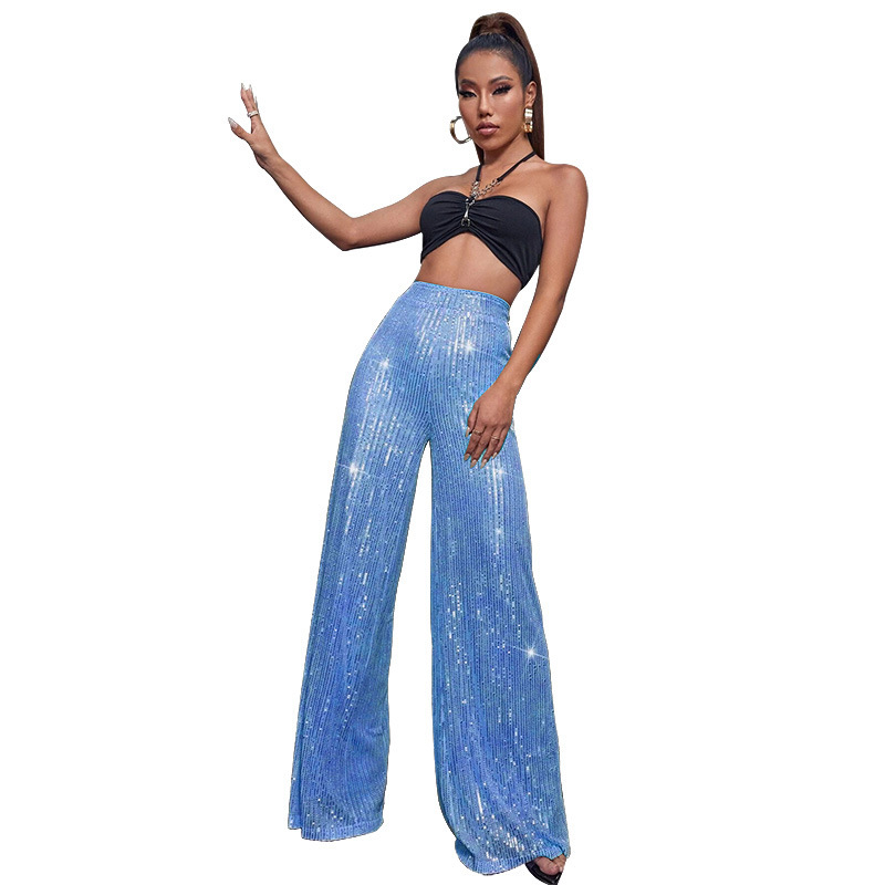 Women's 2026 New Solid Color Wide-Leg Pants Independent Station Draping Sequin Casual Pants Women