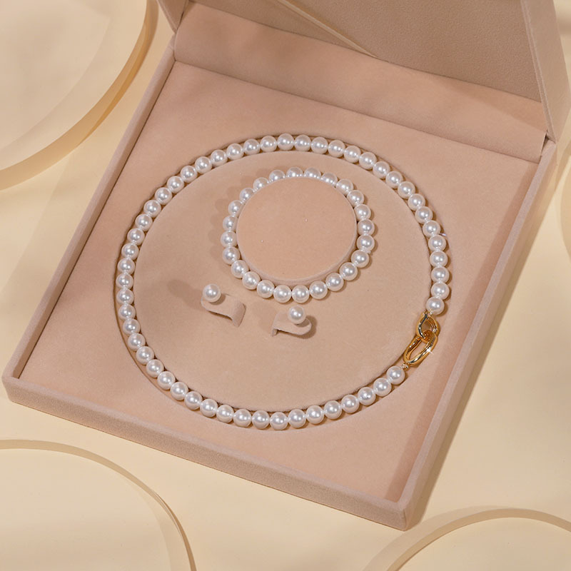 Natural Deep Sea Mother-of-Pearl Bead Pearl Necklace Clavicle Chain Jewelry Set for Women Three-Piece Mother's Day Gift