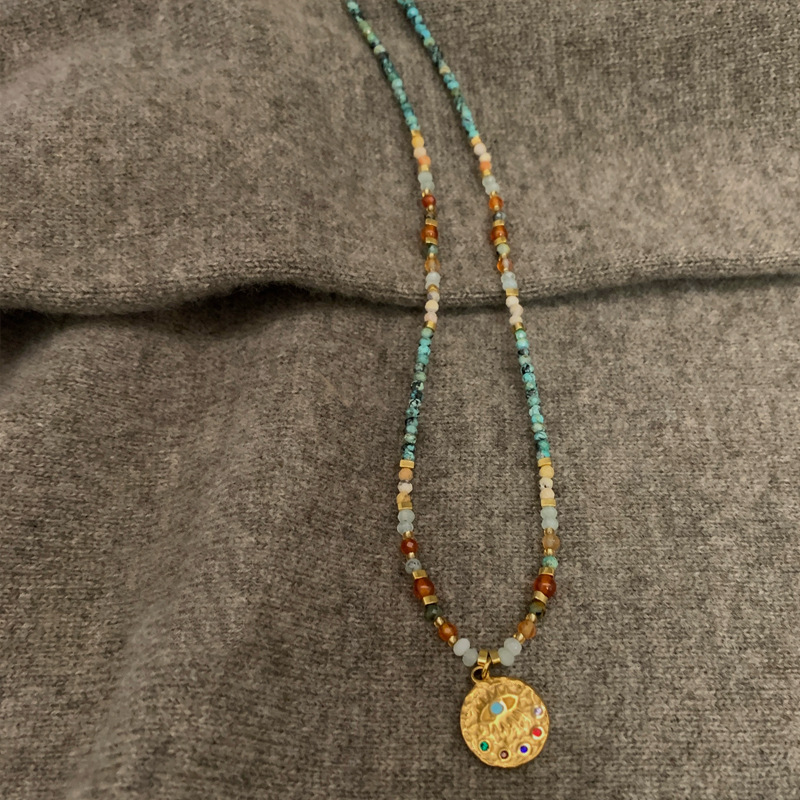 New Chinese style turquoise beaded necklace niche natural stone stacked beaded锁骨链 women