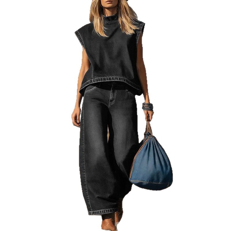 2026 New Style Denim Sleeveless Vest Wide Leg Pants Suit Women Summer Casual Two Piece Set