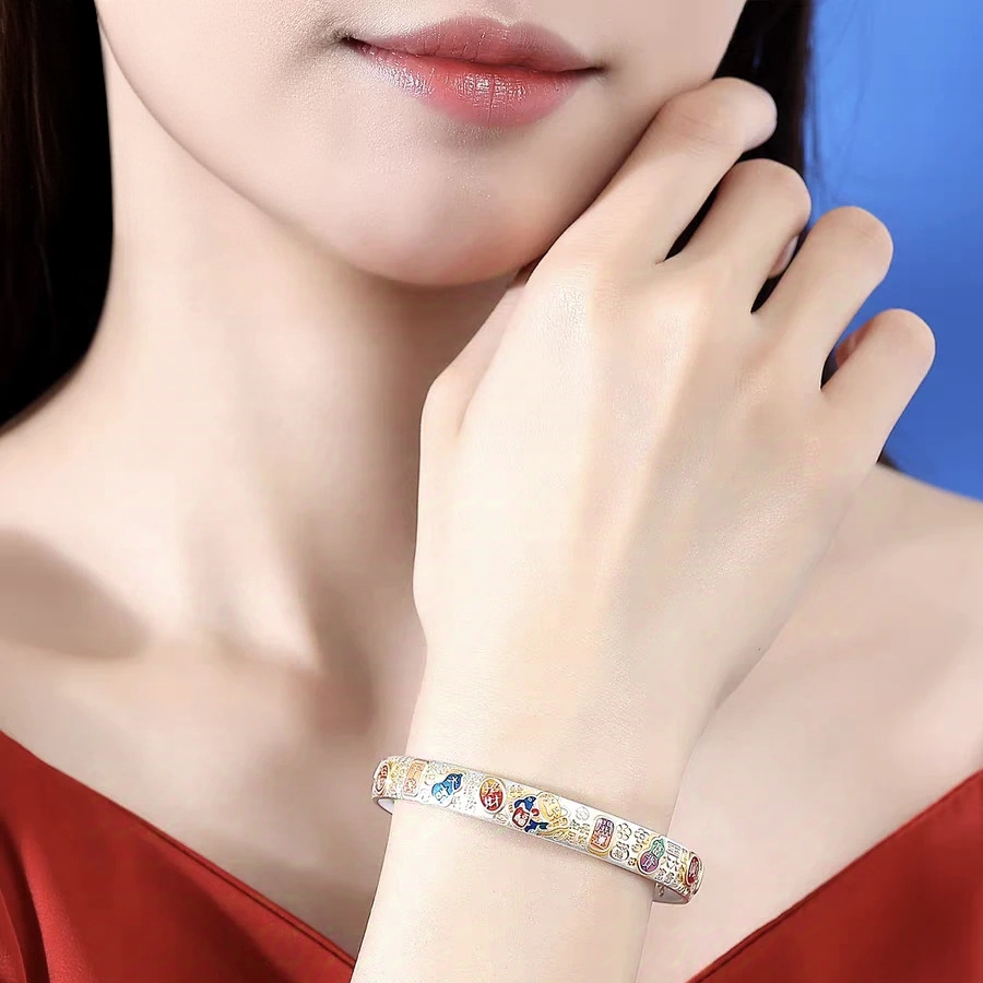 Foot silver 999 lucky cat silver bracelet men and women auspicious words ancient enamel color national style silver bracelet gift silver-plated