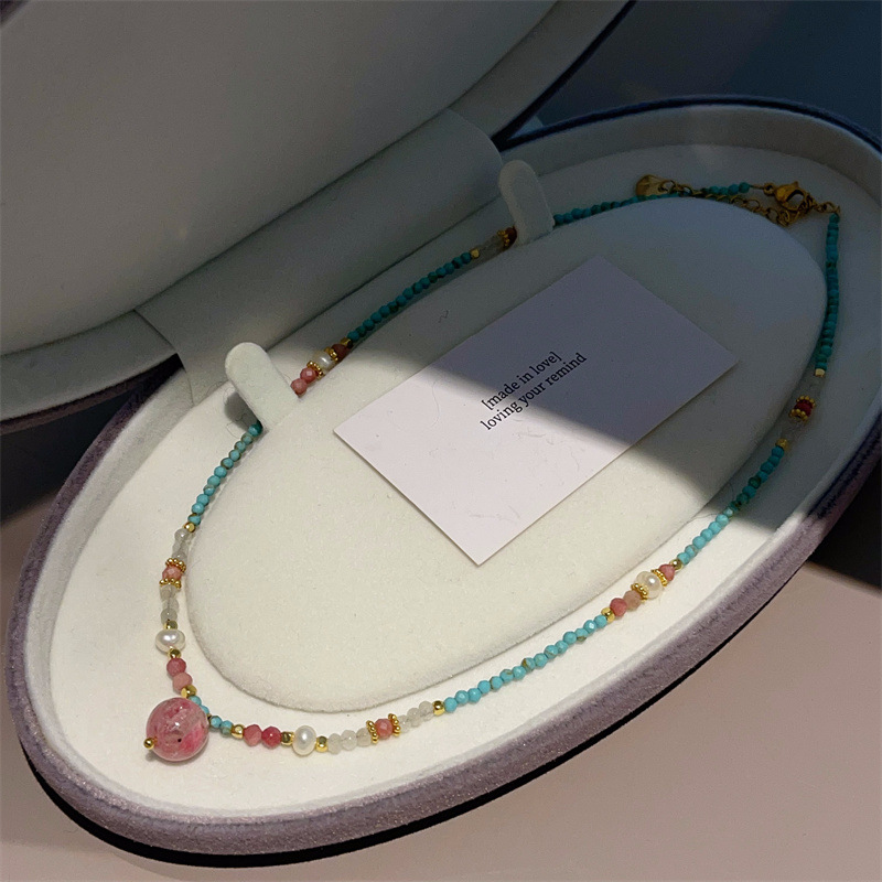 Fresh Natural Turquoise Freshwater Real Pearl Rose Quartz Necklace Contrast Color Collarbone Chain Simple Necklace