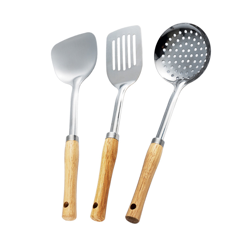 304 stainless steel spatula kitchenware set, high temperature resistant stir-fry spatula, home use, soup spoon, slotted spoon, wooden handle, kitchen supplies