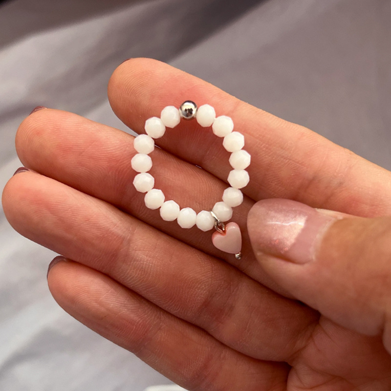 Rongshang Niche Love Heart Shell Ring Crystal Beaded Index Ring for Women Accessory