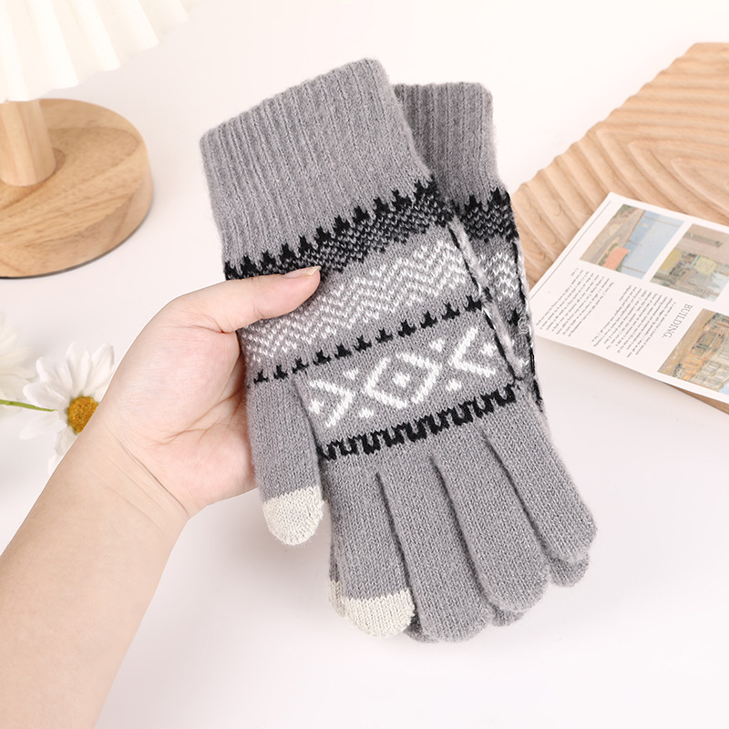 Knitted Jacquard Touch Screen Warm Gloves Women Autumn Winter Men Outdoor Fleece-Lined Thick Anti-Cold Full-Finger Knitted Gloves
