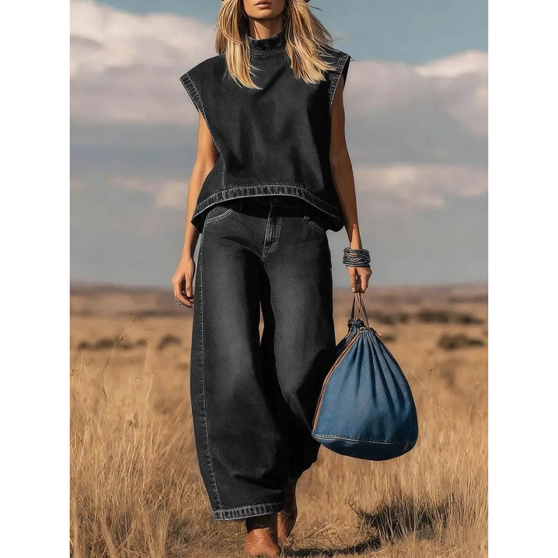 2026 New Style Denim Sleeveless Vest Wide Leg Pants Suit Women Summer Casual Two Piece Set