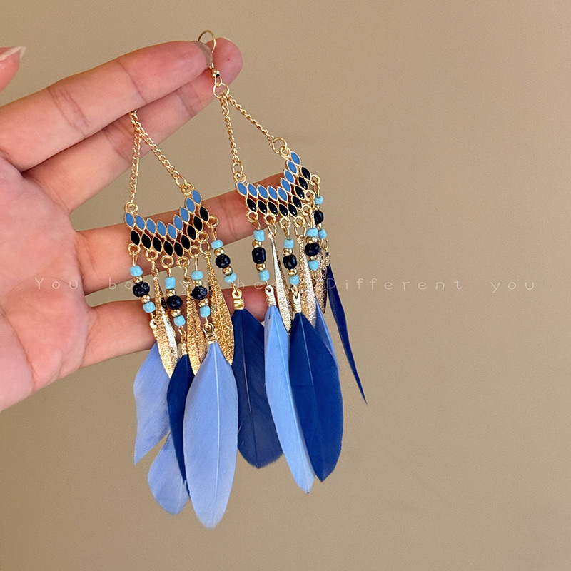 Bohemian Style Blue Feather Tassel Earrings Women Exotic Ethnic Style Earrings Exaggerated Long Ear Accessories