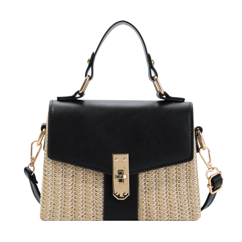 New Patchwork Flip Lid Box Straw Bag Beach Vacation Turn-Lock Woven Hard Shell Handbag Crossbody Bag for Women