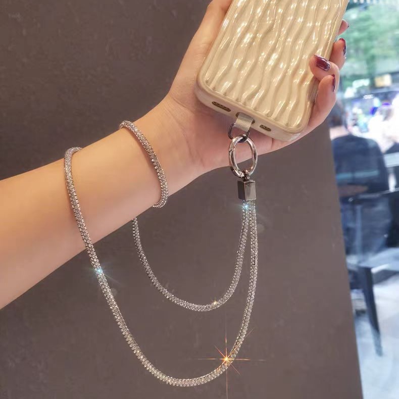 Full rhinestone phone lanyard long neck luxury full rhinestone hanging chain crossbody wrist short pendant