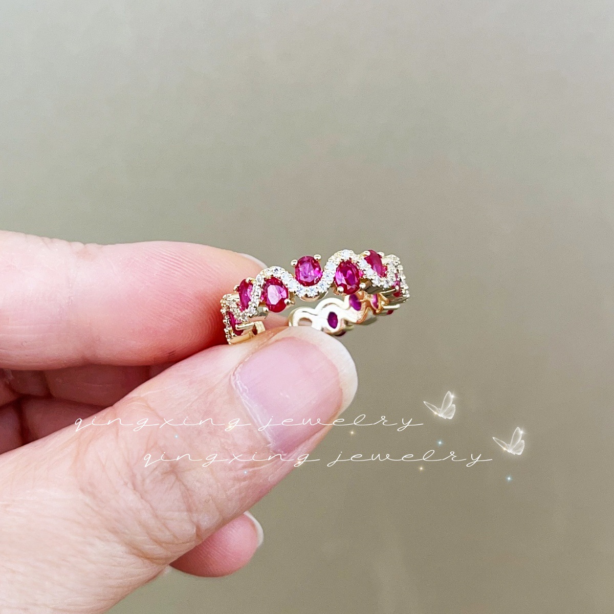 Luxury Colorful Ring Red Corundum Spinel Zirconia Alexandrite Open Ring