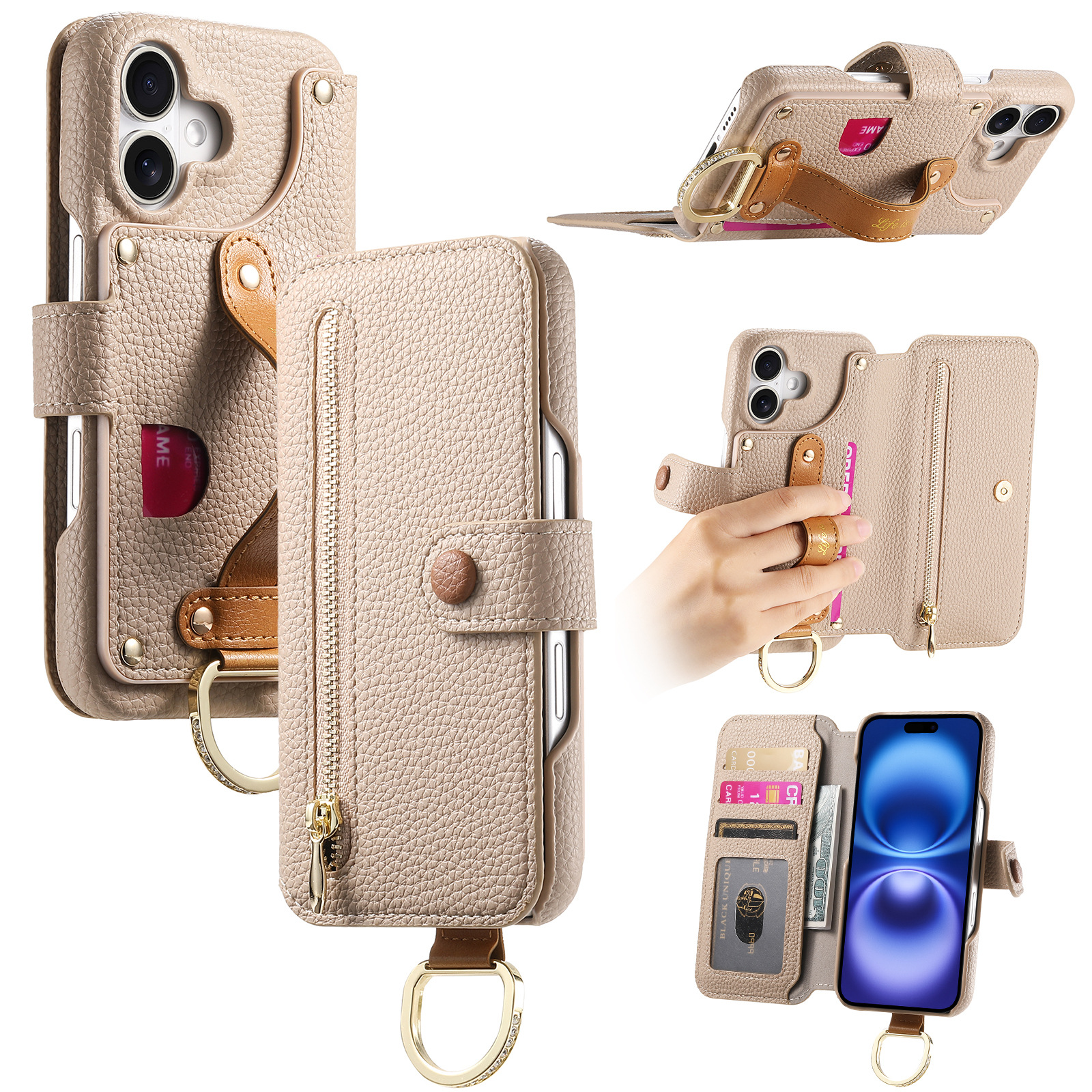 Litchi grain faux leather back adhesive flip phone leather case for Apple 18 phone case card slot iPhone18 shell