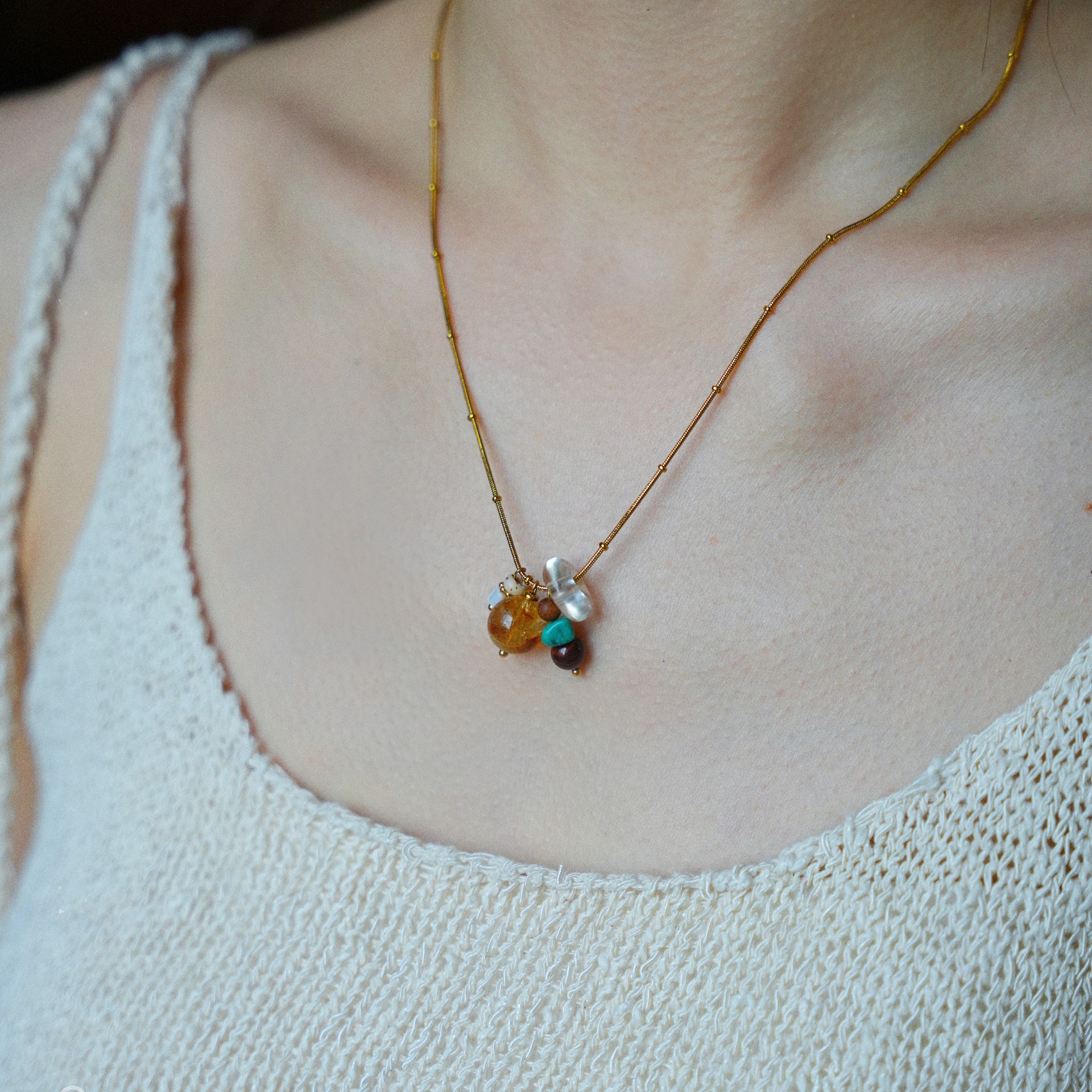 「Oakmoss Green」Original Chinese-style natural raw turquoise multi-gem necklace for women, wind collarbone chain accessory