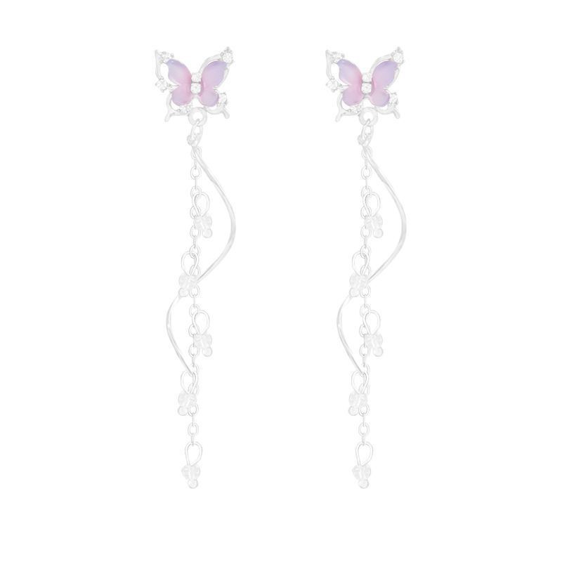 Imitation Silver Needle Purple Butterfly Earrings Niche Tassel Exquisite Unique Ear Accessories