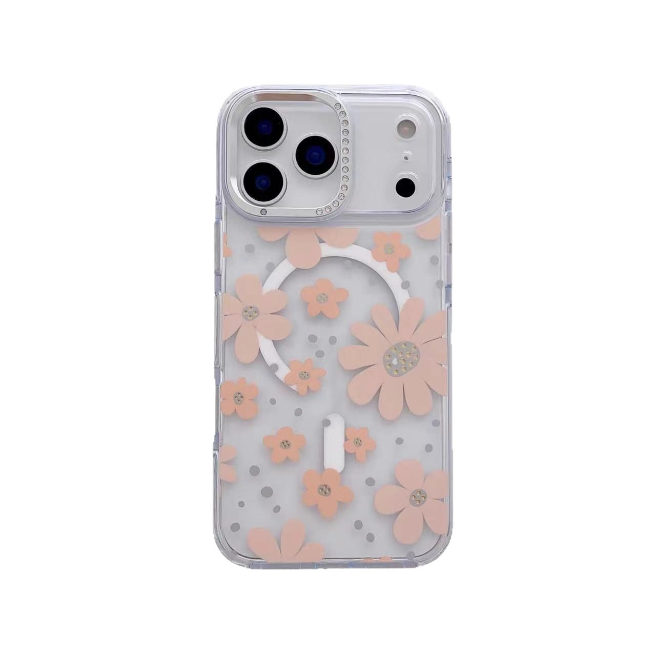 Suitable for Apple 17promax gold line flower phone case Apple 16 rhinestone sea transparent magnetic hard case