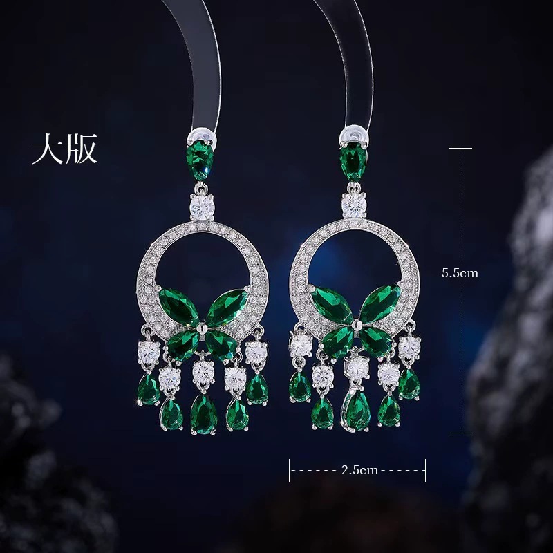 Micro-Inlaid Zircon Green Butterfly Tassel Heavy Craft Earrings s925 Silver Needle Dress Accessories