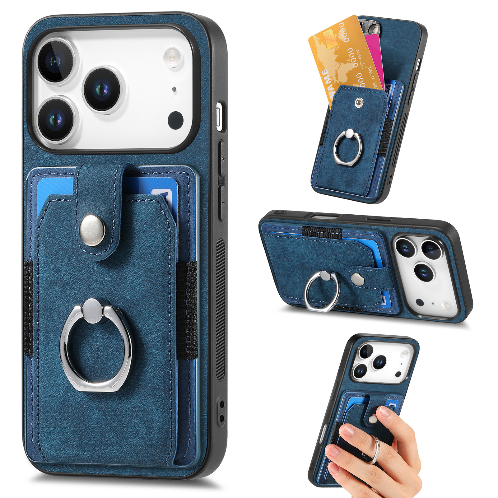 For Apple 18 card holder phone case solid color hardware ring car magnetic iPhone18 protective leather case