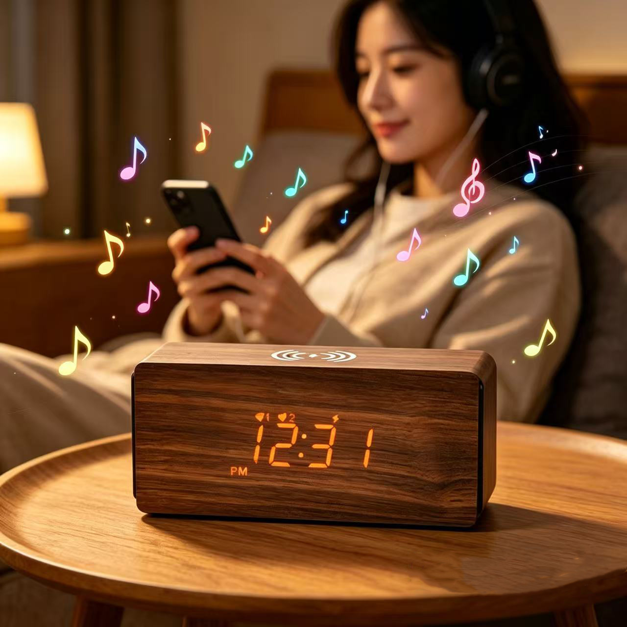 15W Bamboo Bluetooth Speaker Phone Wireless Fast Charging Office Desk Wooden Alarm Clock Multifunctional Silent Clock