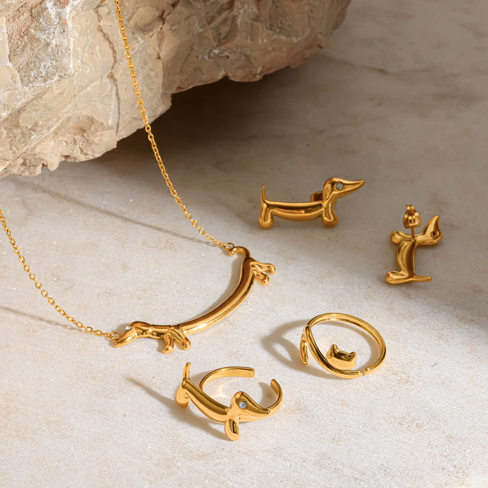 Cute 18k gold puppy dachshund stainless steel ring necklace jewelry set ear jewelry accessories