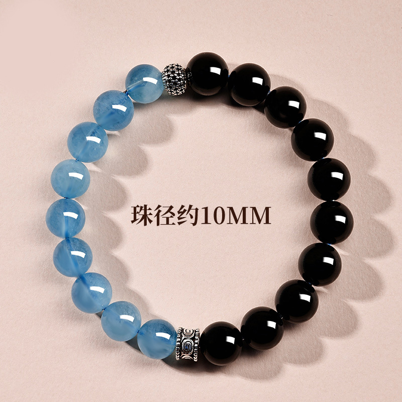 【约10MM】黑曜石海蓝宝手链+S925银