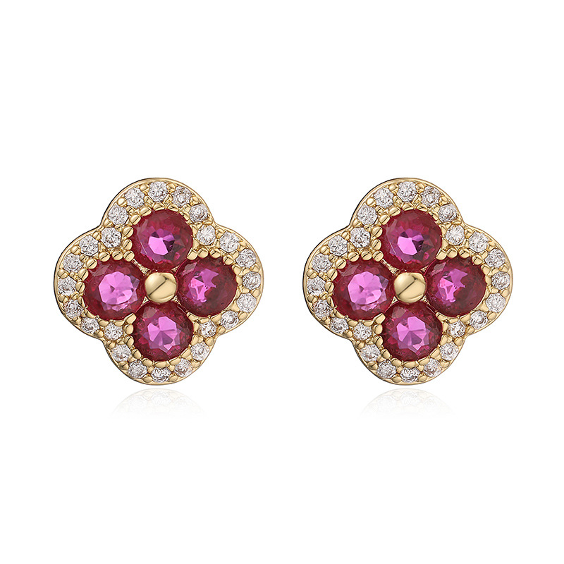 Copper Inlaid Colorful Diamond Four-Leaf Clover Stud Earrings for Women Flower Petal Earrings Earrings