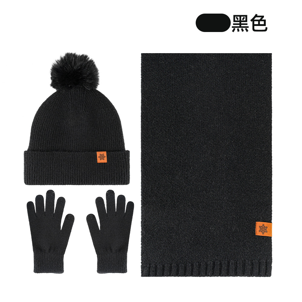 Knitted Hat Scarf Gloves Three-Piece Set Winter Outdoor Fleece-Lined Warm Earflap Beanie Wool Knit Hat