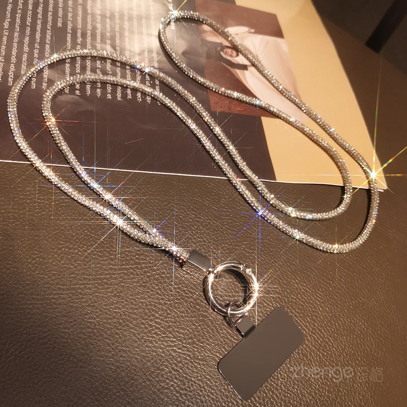 Diagonal full diamond hanging chain women's phone lanyard long back strap metal clip Nordic small fragrance style