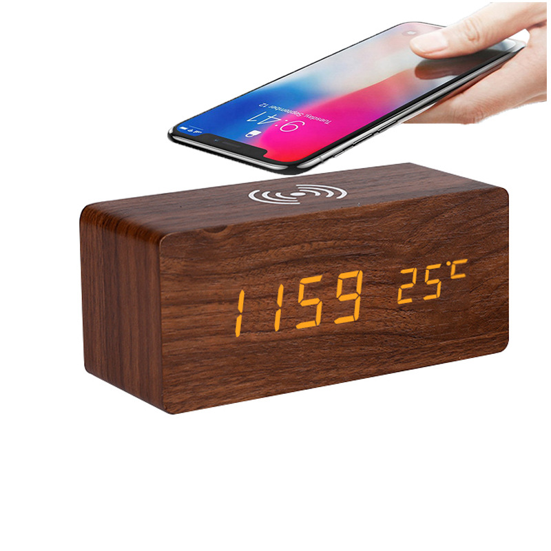 Smart Wireless Charging Clock Electronic Wooden LED Clock Digital Voice Control Clock Thermometer Alarm Clock