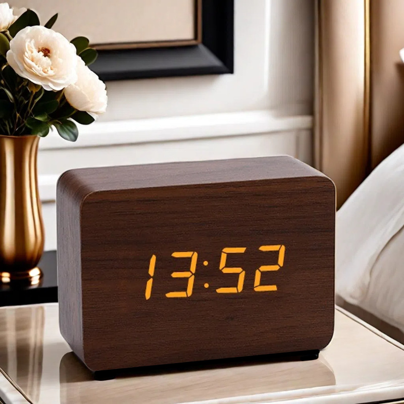Wooden electronic alarm clock, voice-activated silent clock, LED gift clock, student desktop electronic clock
