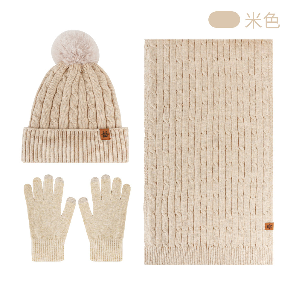 Knitted hat, scarf, and gloves three-piece set for women, outdoor warm double-layer wool knitted hat for cold protection