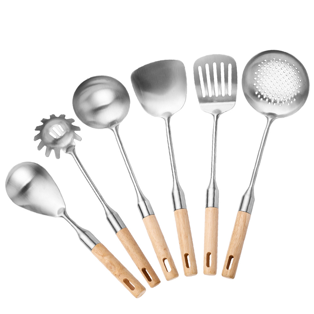 304 stainless steel kitchenware set, solid wood handle, home cooking spatula, soup spoon, slotted spoon, kitchen supplies, hotel