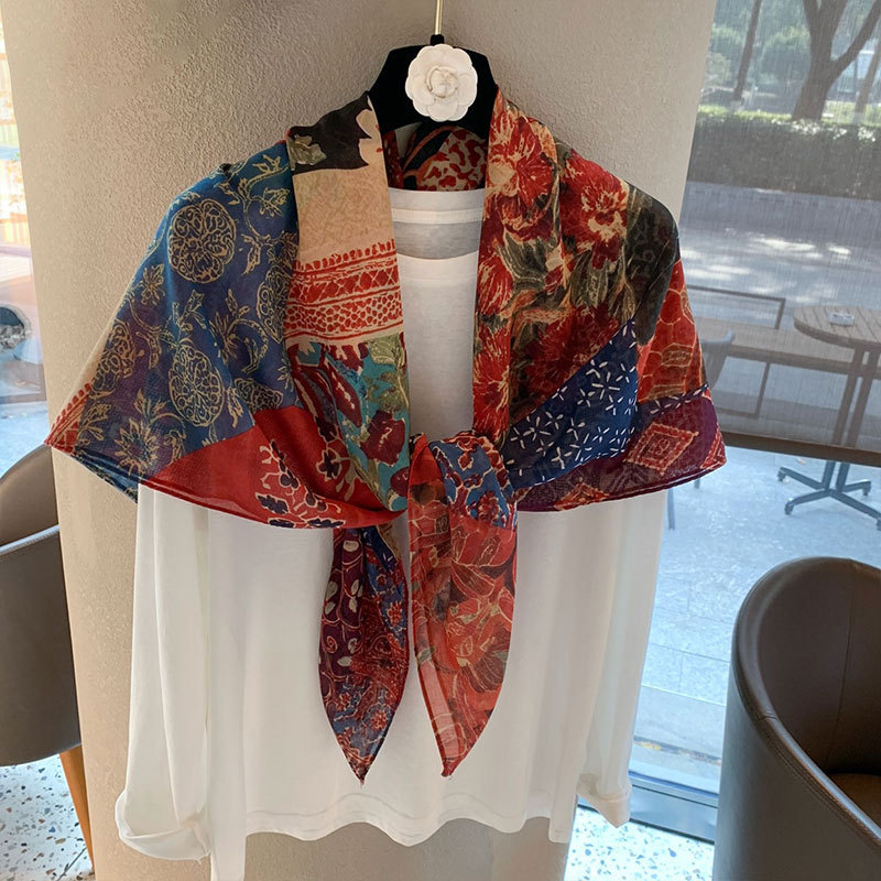 【110*110 versatile sunscreen shawl】printed square scarf for women, summer silk-cotton scarf