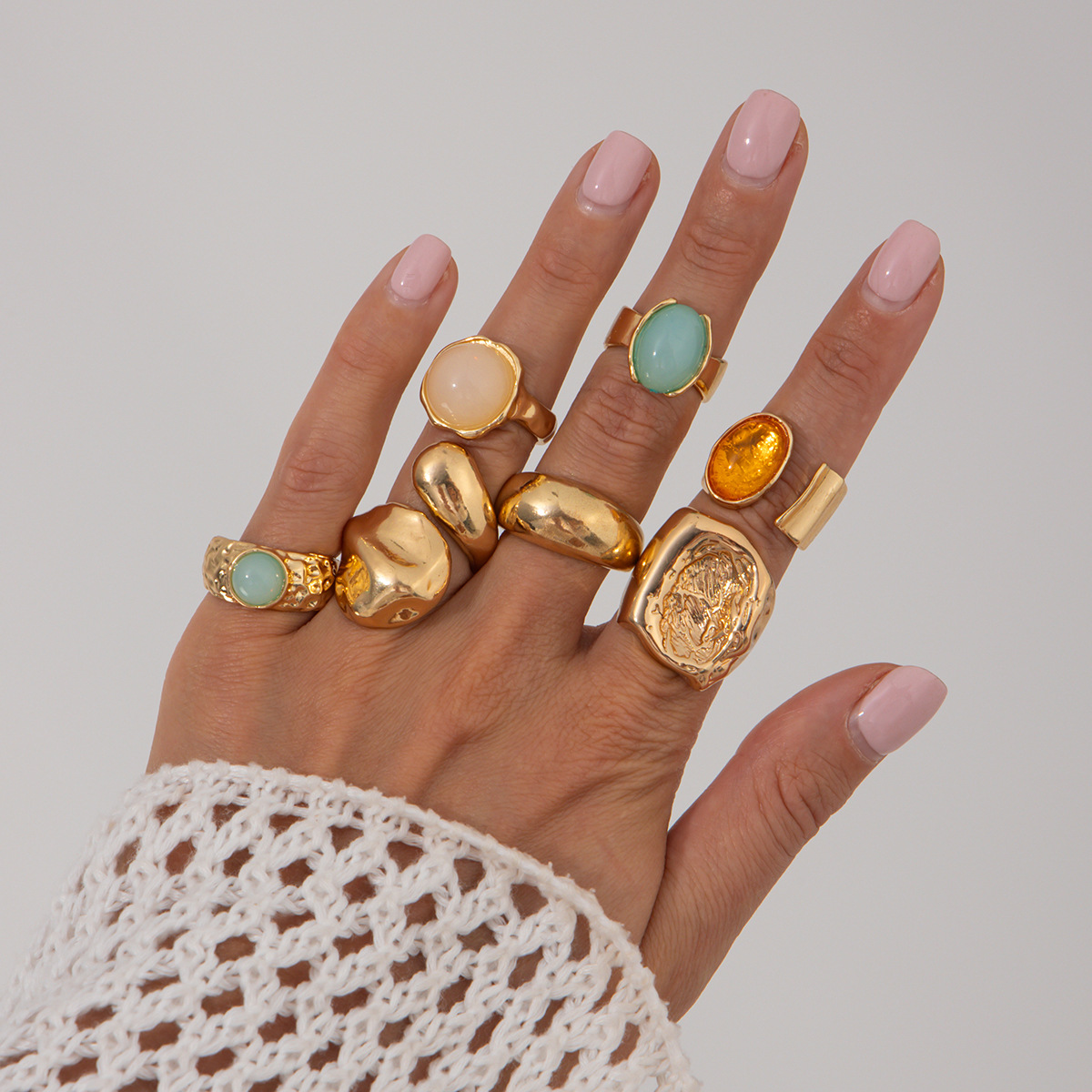 Layered gem ring set for women metal hammered texture open wide ring hand ornament