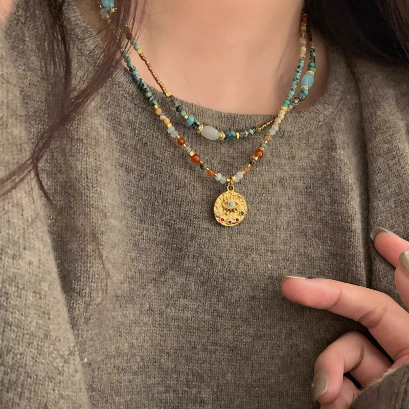 New Chinese style turquoise beaded necklace niche natural stone stacked beaded锁骨链 women