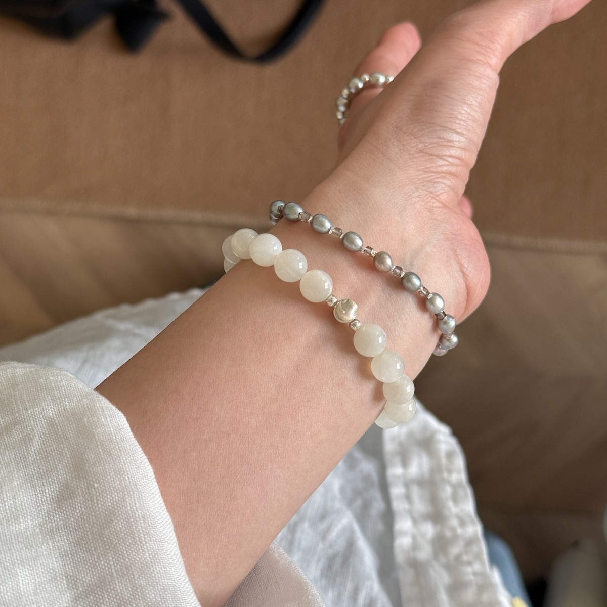Natural white moonstone all S925 sterling silver simple cool minimalist cat eye bead bracelet for women